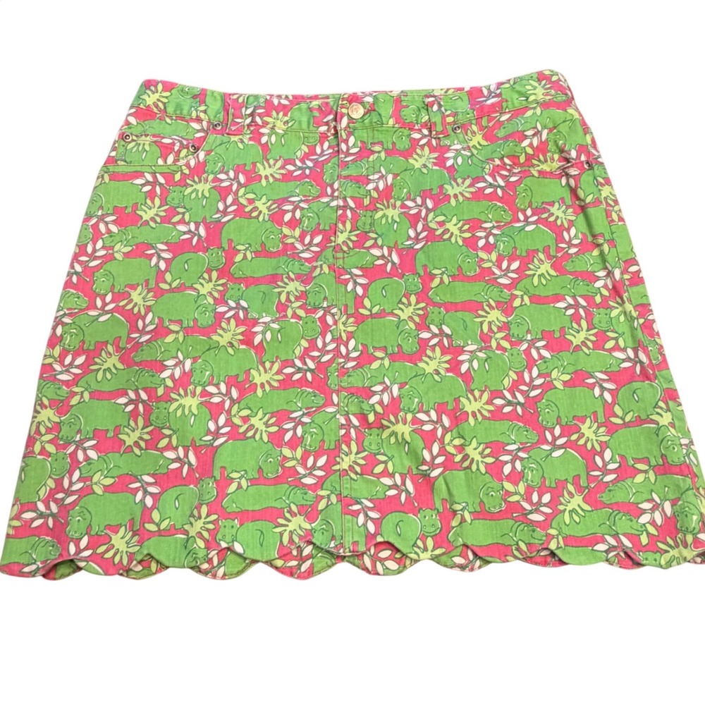 Vintage Lilly Pulitzer Hippo Print Scalloped Hem Mini Skirt Pink Green Size 8